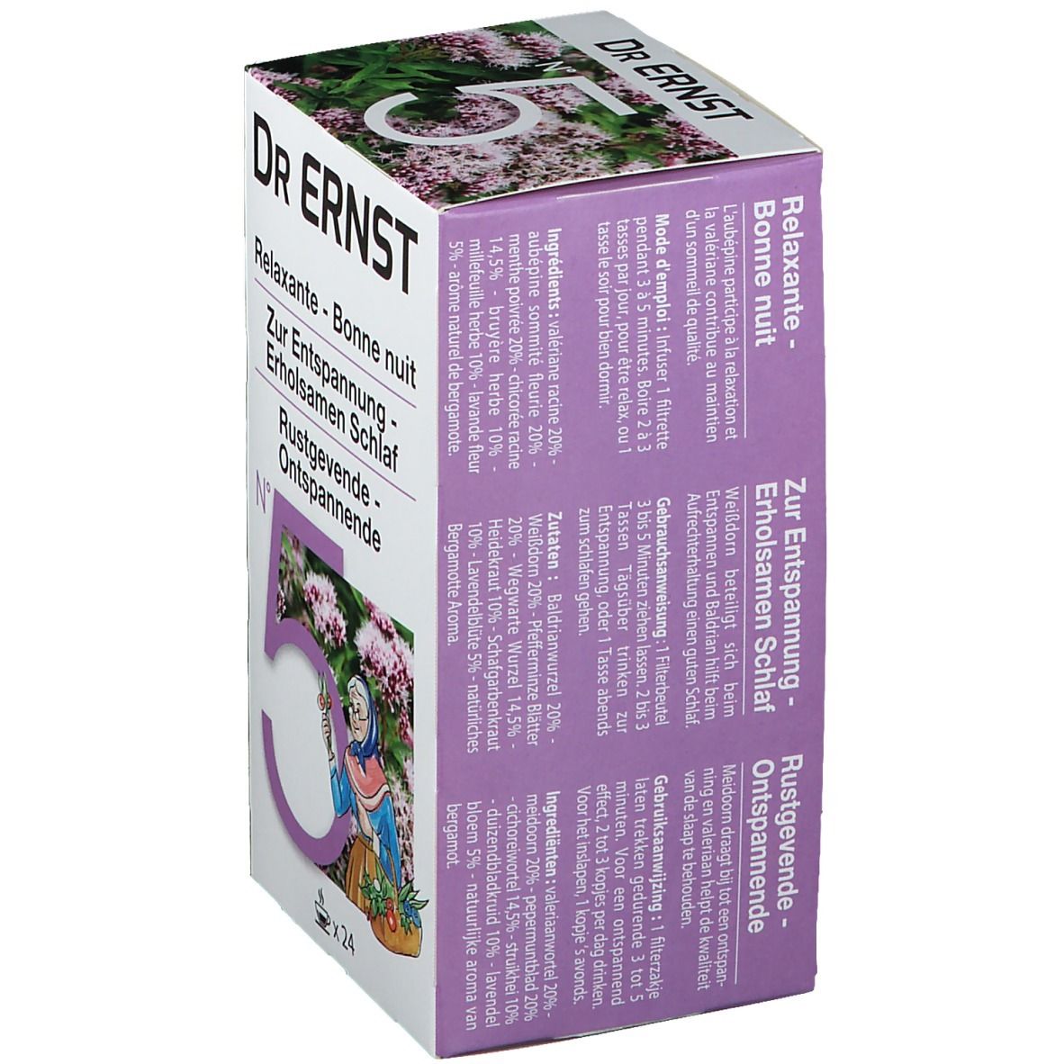 Boîte de tisane Dr. Ernst Nr. 5 Calmant. Texte et liste d'ingrédients. Contient 24 sachets.