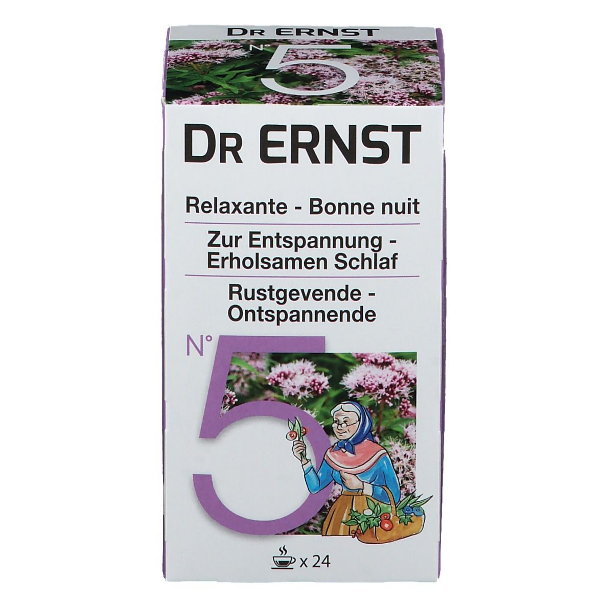 Boîte de tisane Dr. Ernst Nr. 5 Calmant. Inscription et image d'une femme. Contient 24 sachets.