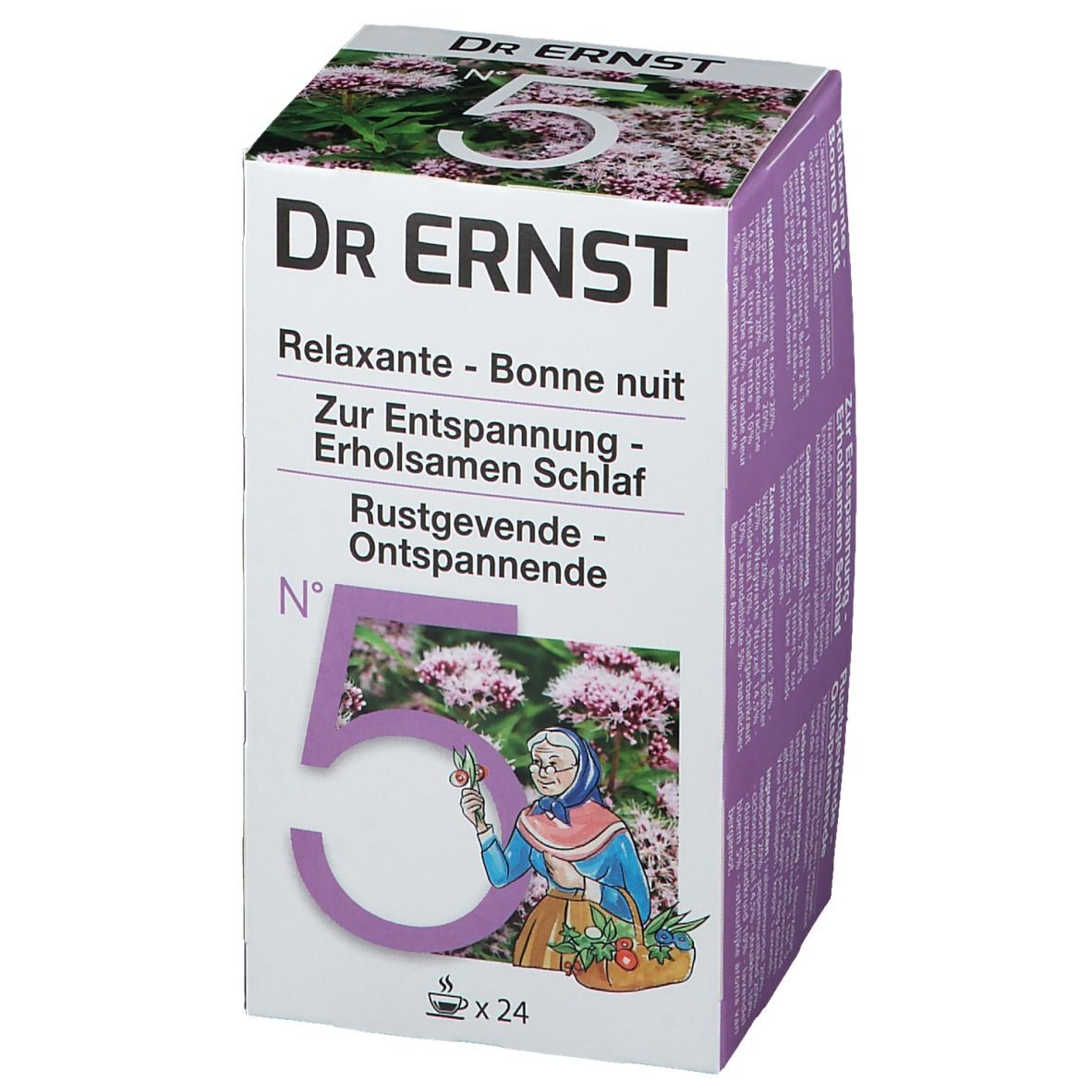 Boîte de tisane Dr. Ernst Nr. 5 Calmant. Inscription et image d'une femme. Contient 24 sachets.