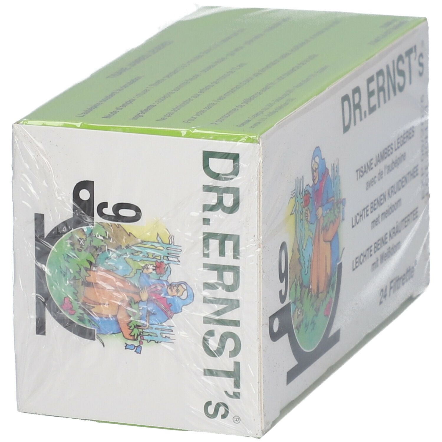 Schuine weergave van de verpakking van Dr. Ernst's Tisane. Opschrift: Tisane Jambes Légères, 24 Filrtrette. Illustratie van een vrouw met kruiden.