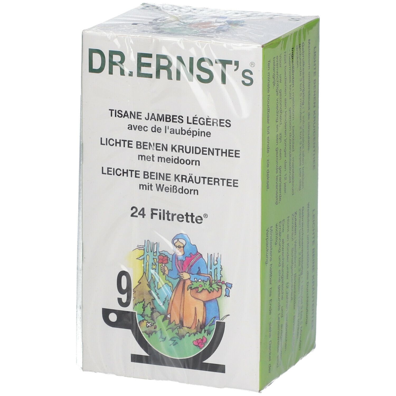 Verpakking van Dr. Ernst's Tisane. Opschrift: Tisane Jambes Légères, 24 Filrtrette. Illustratie van een vrouw met kruiden. Verpakt in folie.