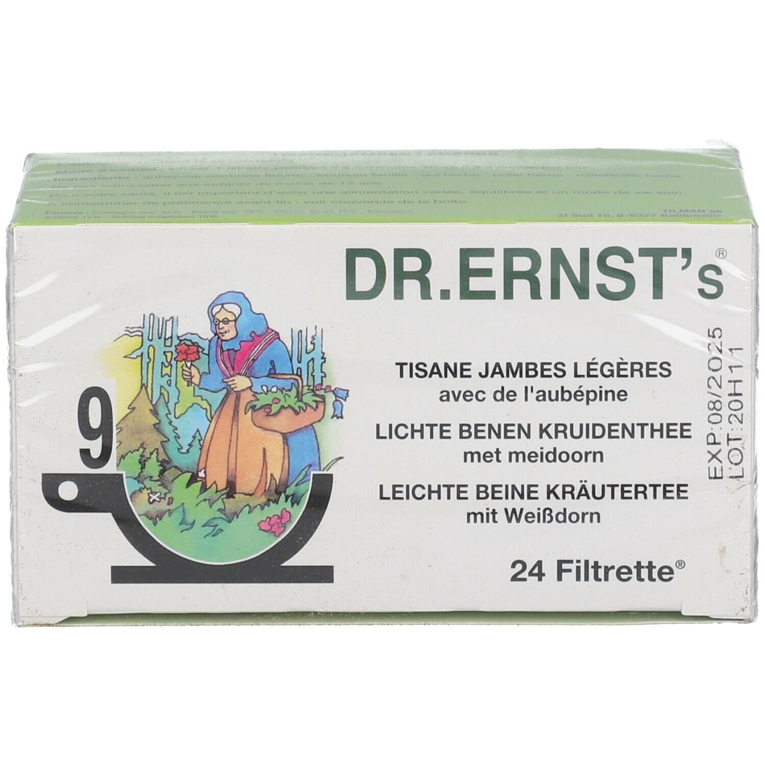 Verpakking van Dr. Ernst's Tisane. Opschrift: Tisane Jambes Légères, 24 Filrtrette. Illustratie van een vrouw met kruiden. Verpakt in folie.