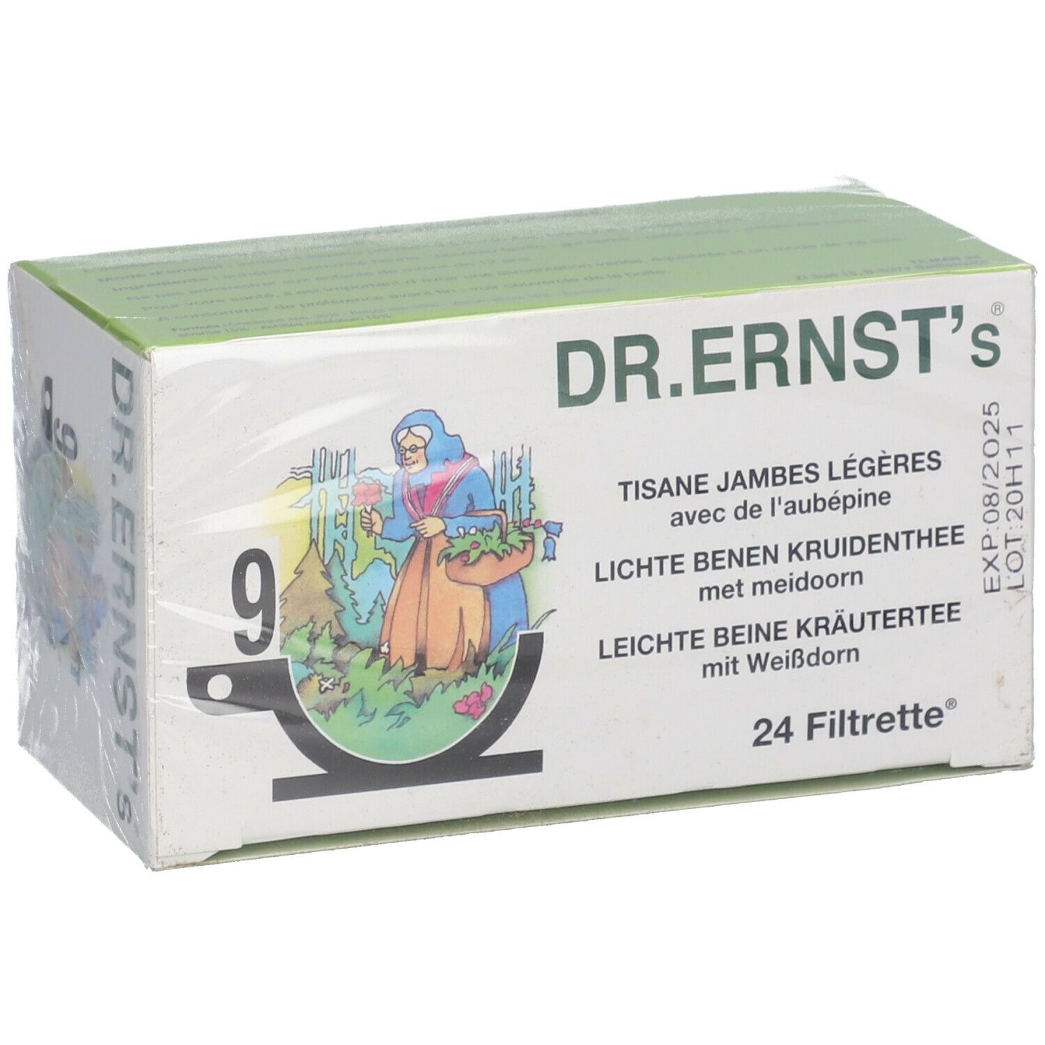 Verpakking van Dr. Ernst's Tisane. Opschrift: Tisane Jambes Légères, 24 Filrtrette. Illustratie van een vrouw met kruiden. Verpakt in folie.
