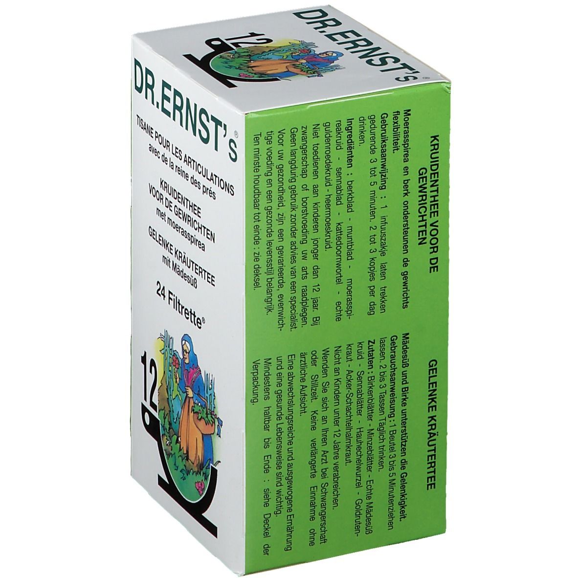 Doos met tekst: DR.ERNST's, Tisane pour les articulations, 24 Filtrette. Illustratie van een vrouw. Tekst in het Duits en Nederlands.