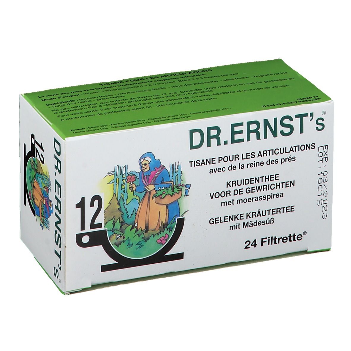 Rechthoekige doos met tekst: DR.ERNST's, Tisane pour les articulations, 24 Filtrette. Illustratie van een vrouw. Groene achtergrond.