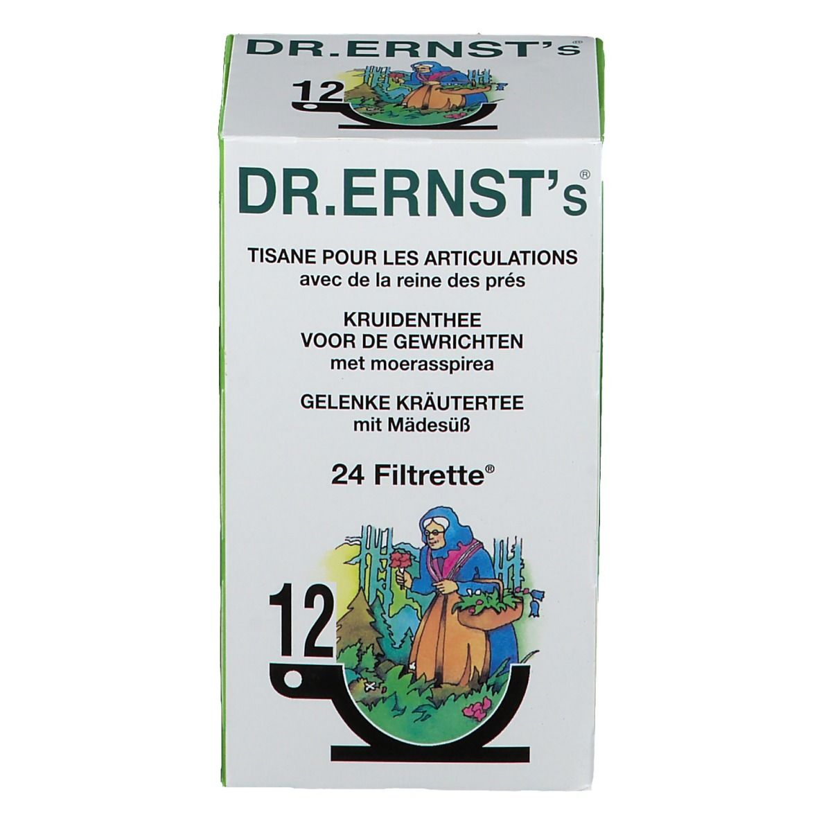 Doos met tekst: DR.ERNST's, Tisane pour les articulations, 24 Filtrette. Illustratie van een vrouw. Groen en wit.