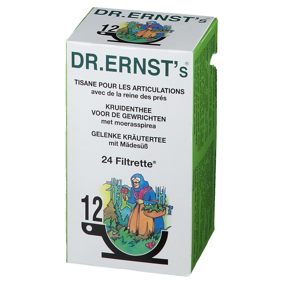 Doos met tekst: DR.ERNST's, Tisane pour les articulations, 24 Filtrette. Illustratie van een vrouw. Schuine weergave.