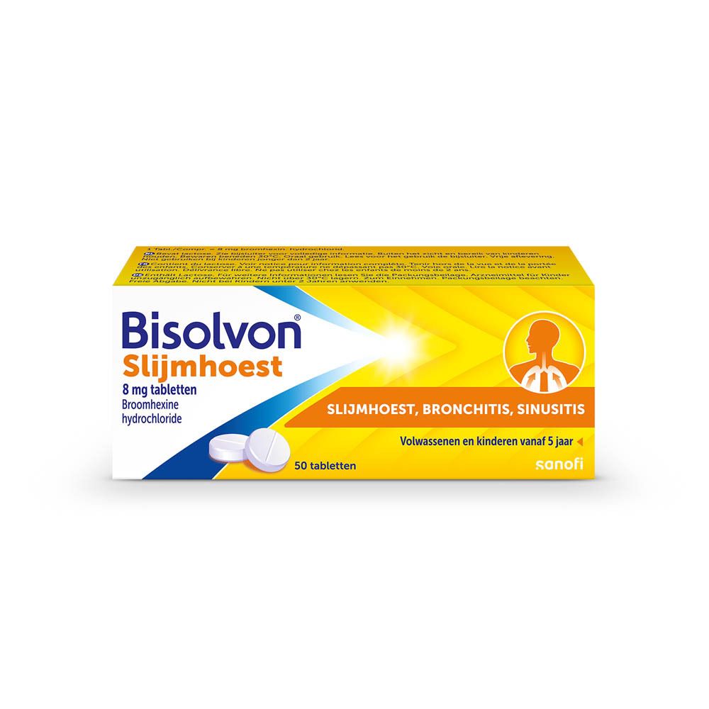 Doosje Bisolvon Slijmhoest tabletten. 50 tabletten, 8 mg. Geel en wit.