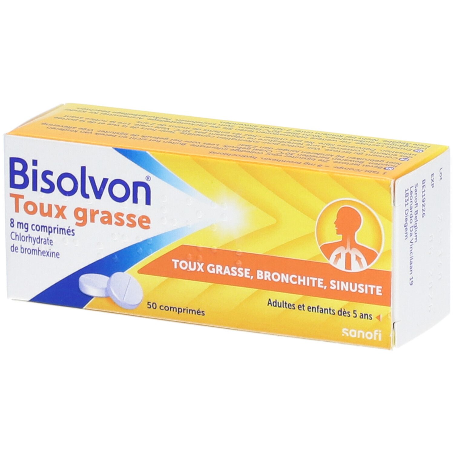 Doosje Bisolvon Slijmhoest tabletten. 50 tabletten, 8 mg. Geel en wit.