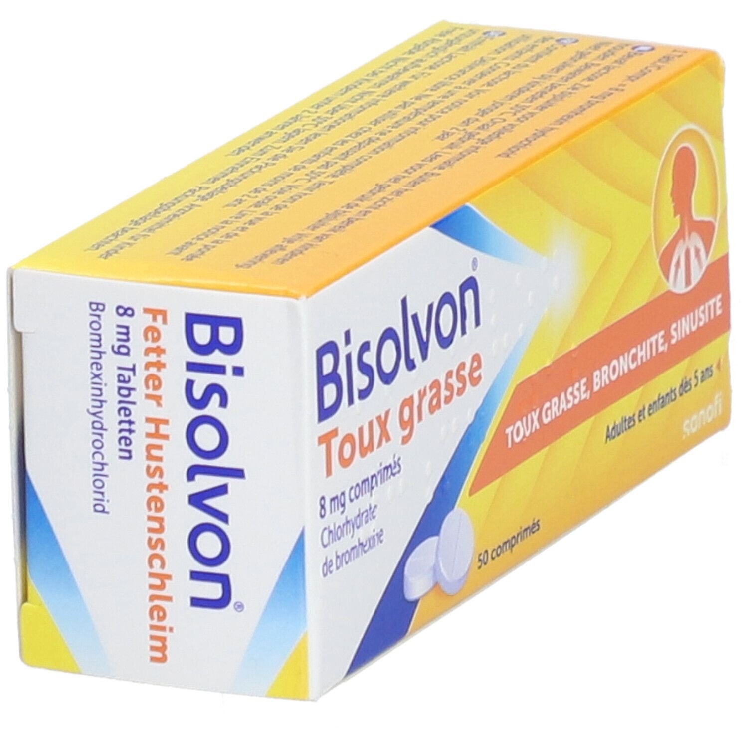Doosje Bisolvon. Tekst: Slijmhoest. 8 mg tabletten. Geel.