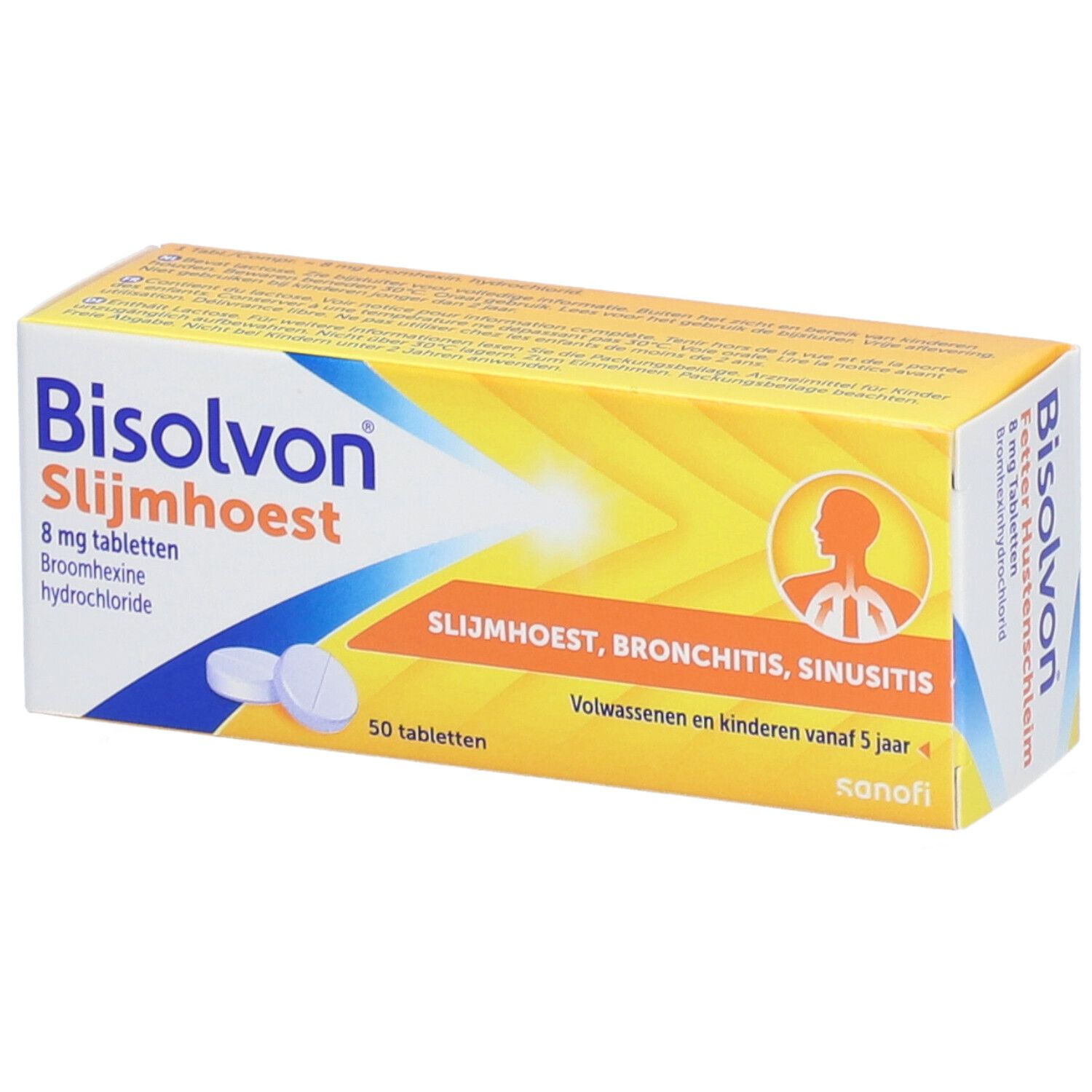 Doosje Bisolvon Slijmhoest tabletten. 50 tabletten, 8 mg. Geel en wit.