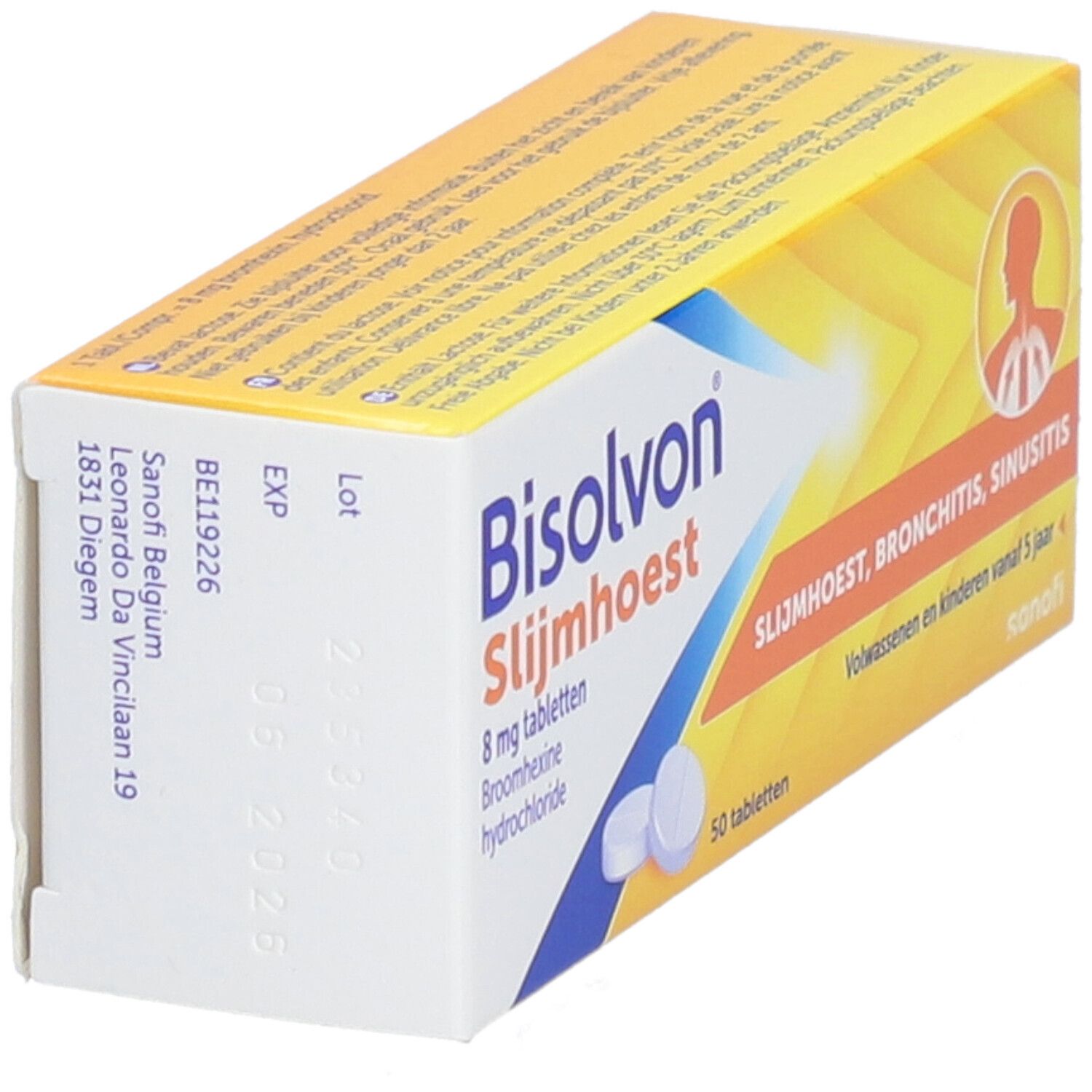 Doosje Bisolvon Slijmhoest tabletten. 50 tabletten, 8 mg. Geel en wit.
