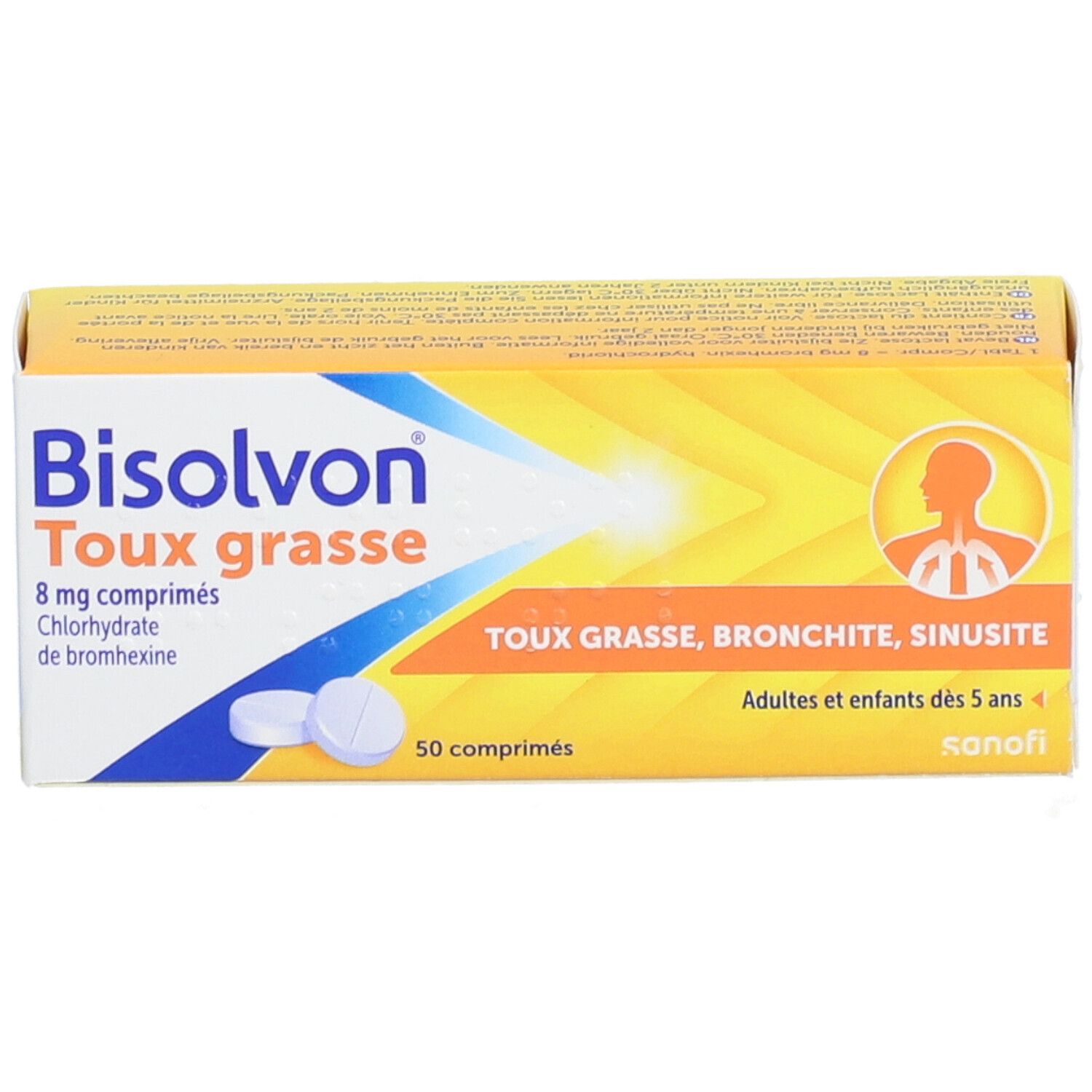 Doosje Bisolvon Slijmhoest tabletten. 50 tabletten, 8 mg. Geel en wit.