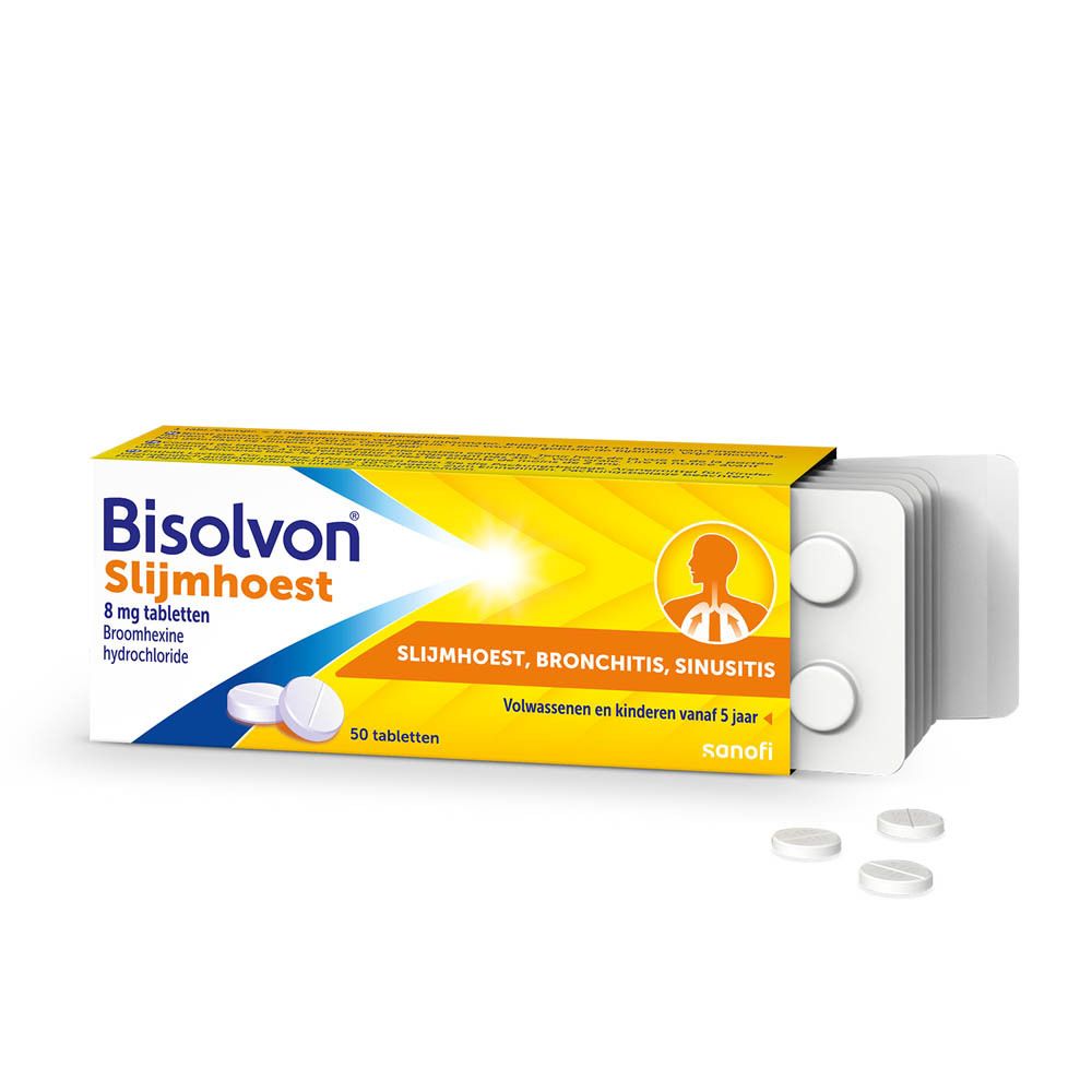 Verpakking Bisolvon Slijmhoest tabletten. Tabletten in blisterverpakking. Geel en wit.