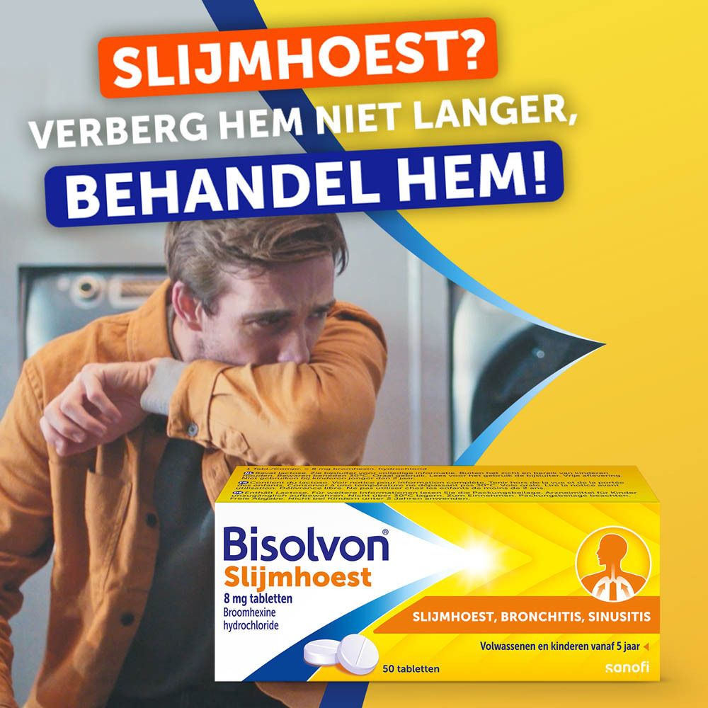 Reclame met man die hoest. Bisolvon Slijmhoest tabletten. Geel en wit.