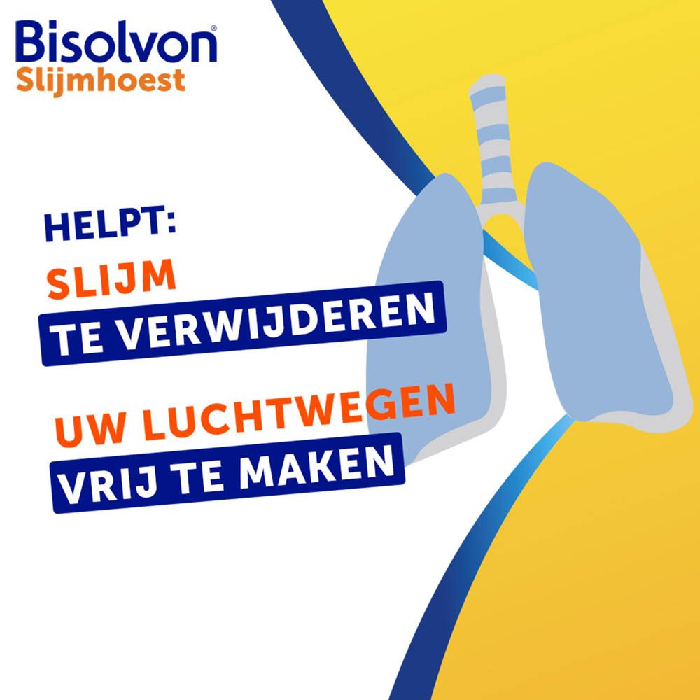 Afbeelding met longen. Tekst: Helpt slijm te verwijderen, uw luchtwegen vrij te maken.