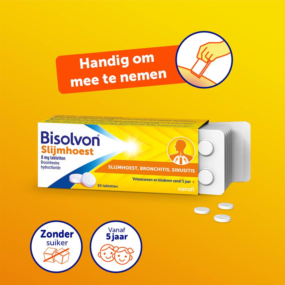 Verpakking Bisolvon Slijmhoest tabletten. Tabletten in blisterverpakking. Geel en wit.