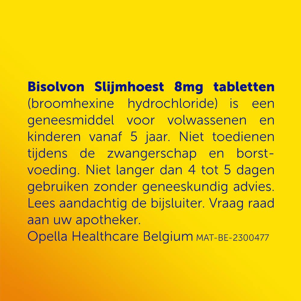 Tekst over Bisolvon Slijmhoest 8mg tabletten. Geneesmiddel voor volwassenen en kinderen vanaf 5 jaar.