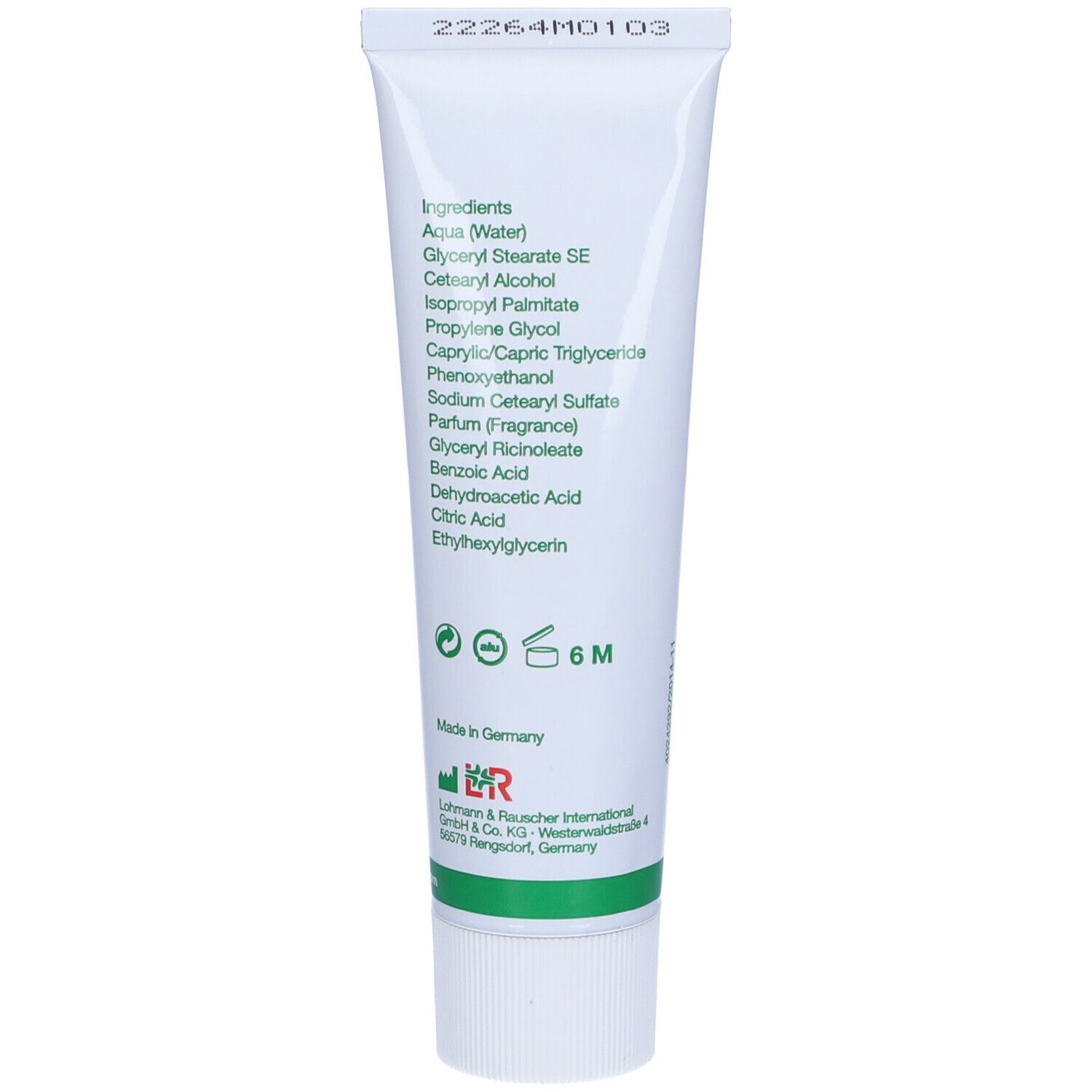 Dos du tube de Cellona® Crème. Liste des ingrédients. Symbole de durée de vie: 6M. Fabriqué en Allemagne.