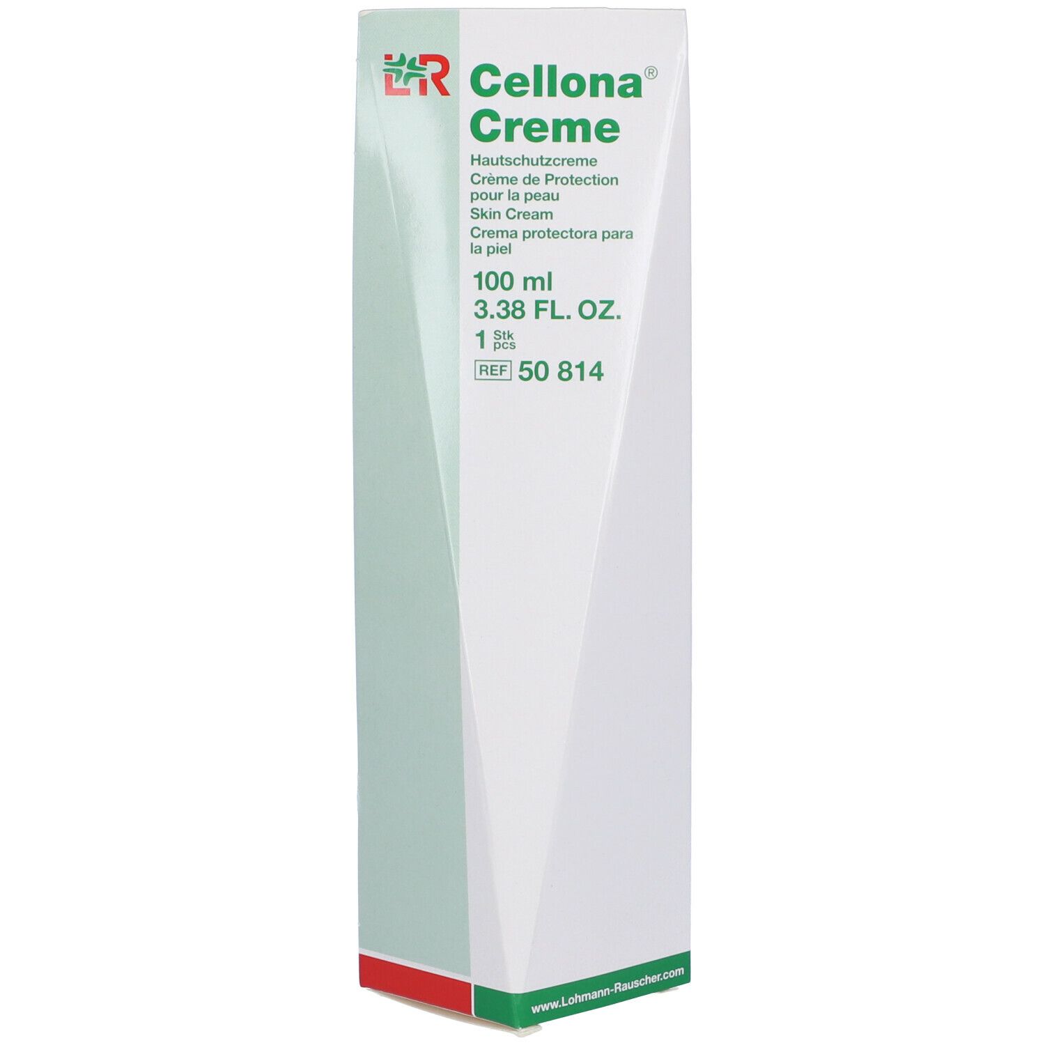 Emballage de Cellona® Crème. Blanc avec accent vert et rouge. Texte: Crème protectrice, 100 ml, 1 pièce.