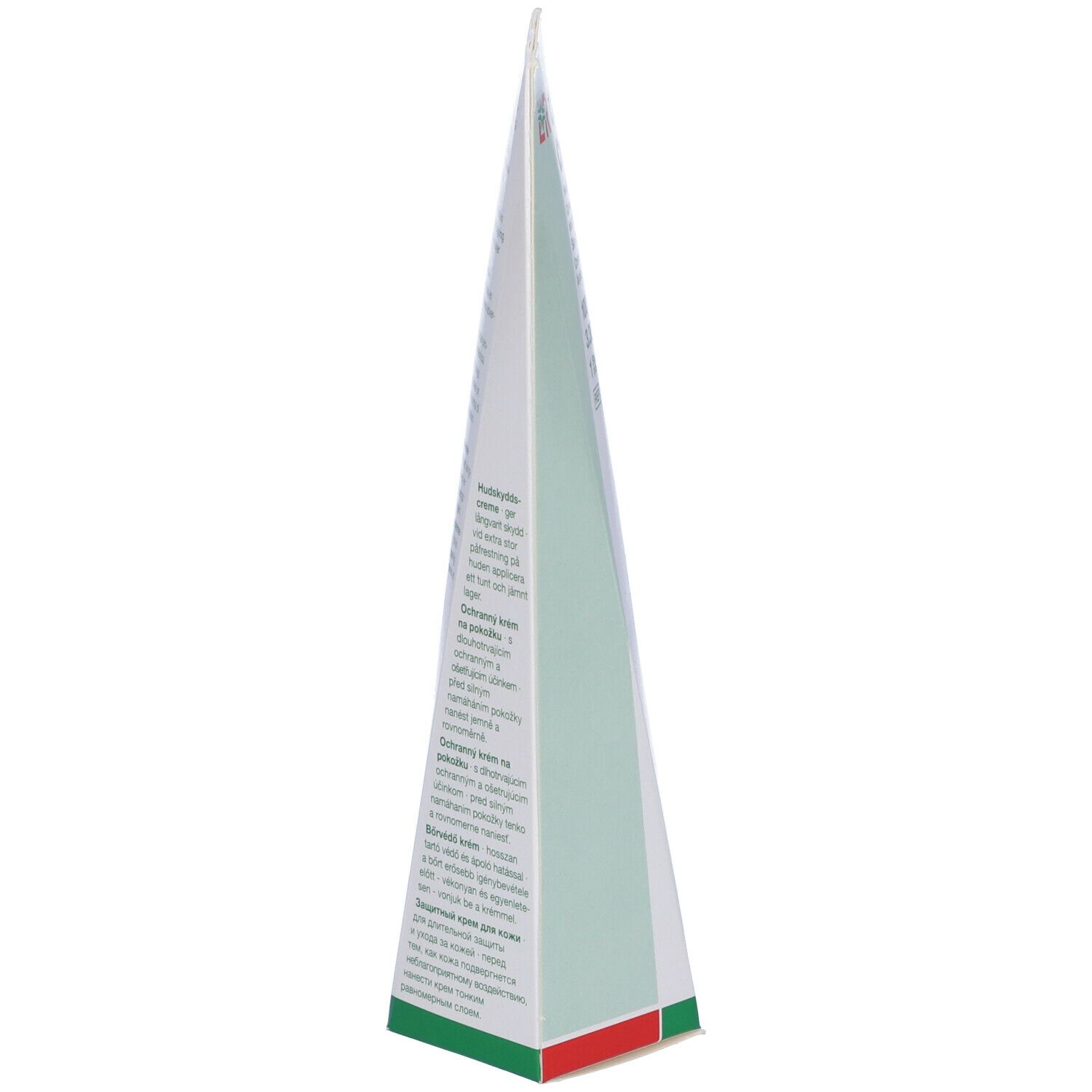 Emballage triangulaire de Cellona® Crème. Côté avec texte multilingue. Bande verte et rouge en bas.