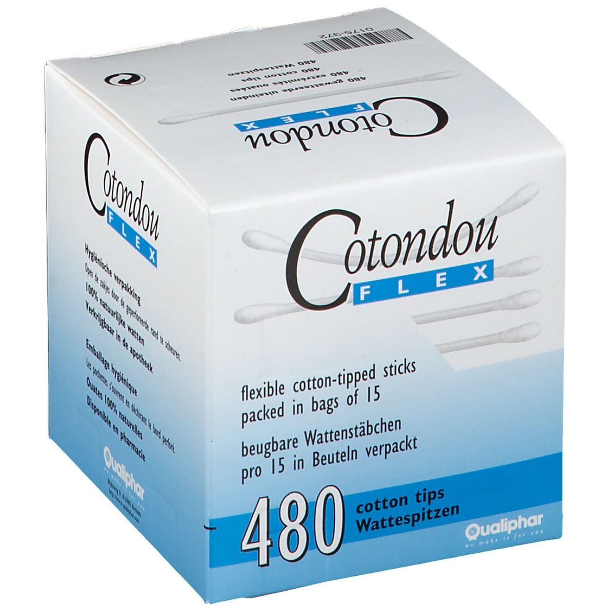 Boîte de Cotondou Flex. 480 bâtonnets ouatés flexibles. Emballage en carton.