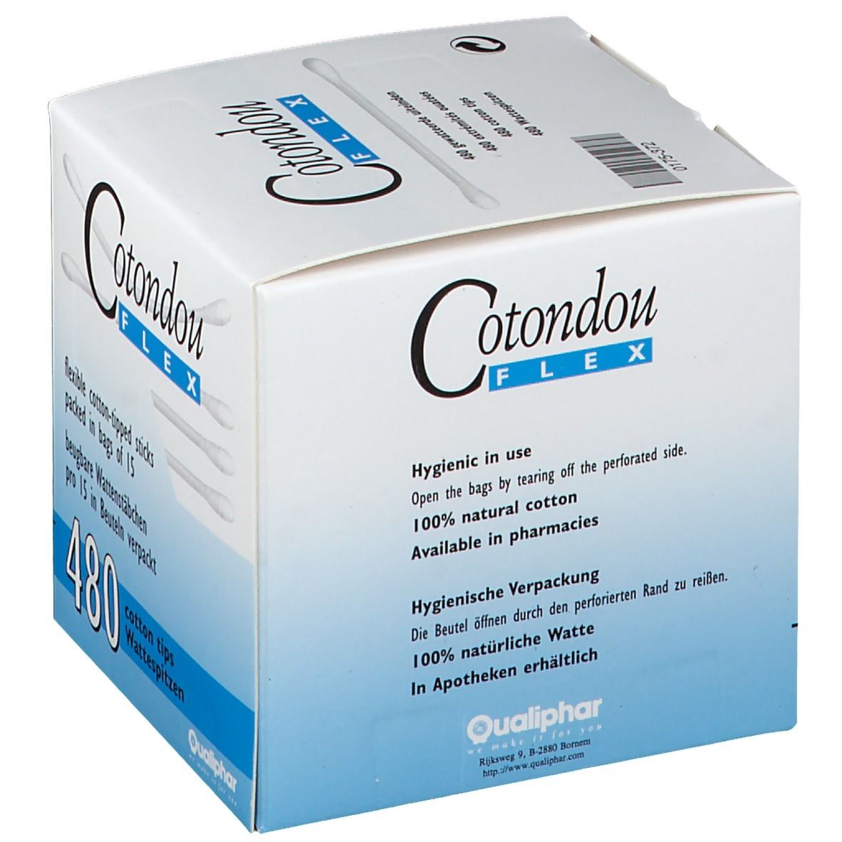 Boîte Cotondou Flex. 480 bâtonnets ouatés. Emballage hygiénique. 100% coton naturel.