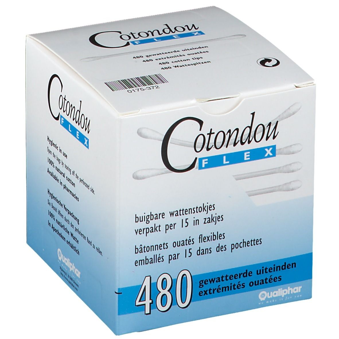 Boîte Cotondou Flex. 480 bâtonnets ouatés flexibles. Emballés par 15 dans des pochettes.