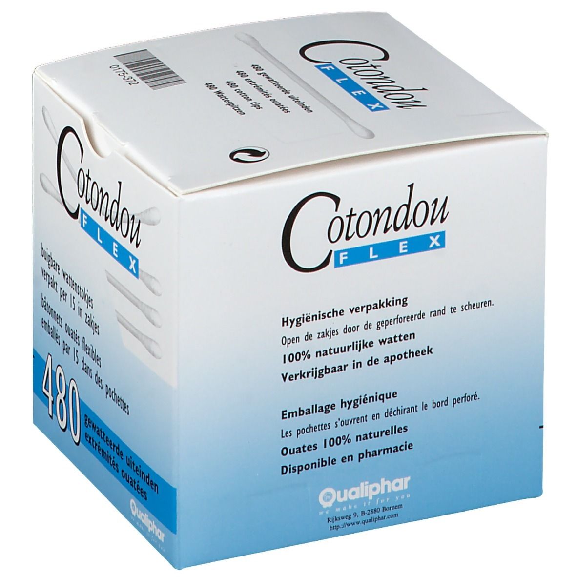 Boîte Cotondou Flex. 480 bâtonnets ouatés. Emballage hygiénique. Coton 100% naturel.