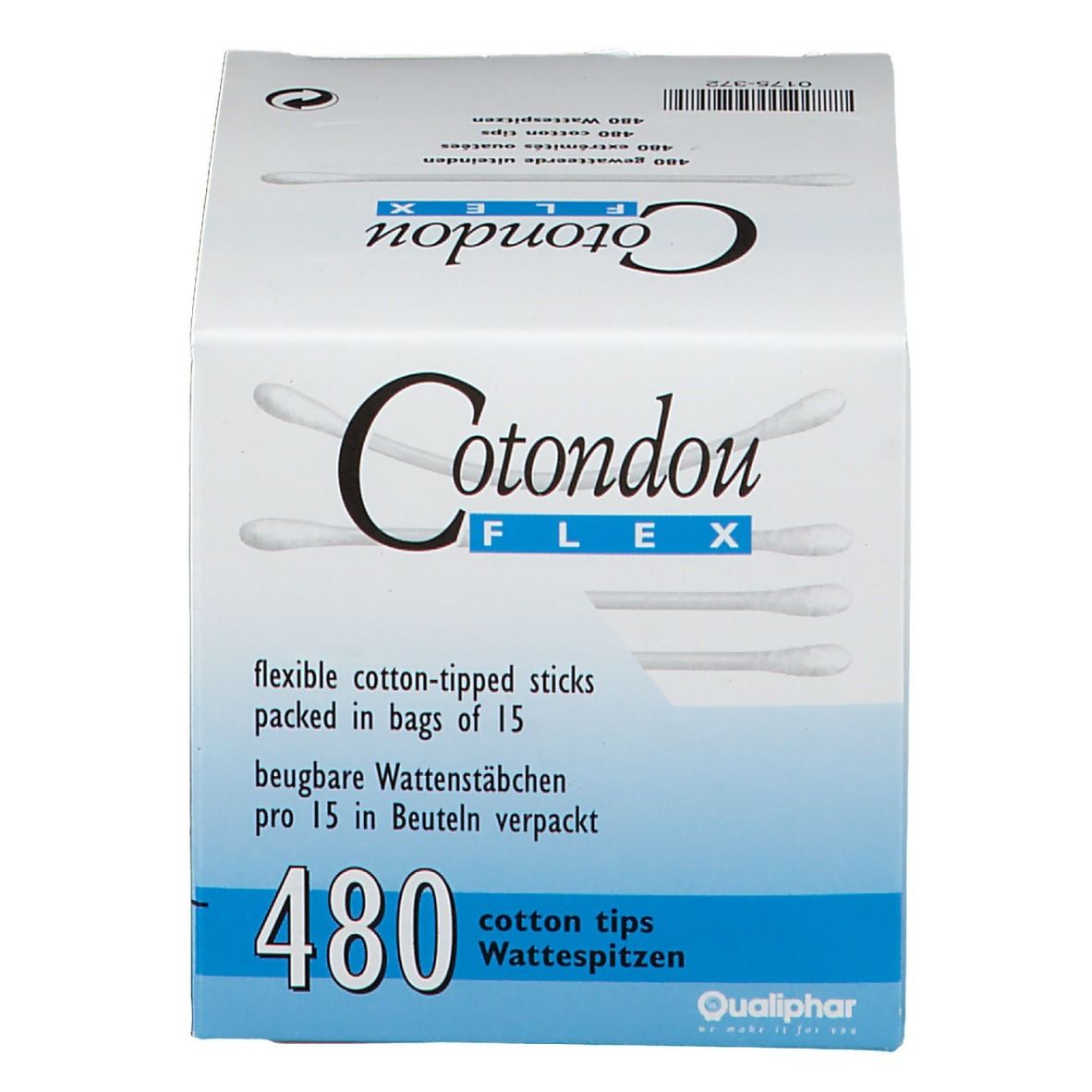 Boîte Cotondou Flex. 480 bâtonnets ouatés flexibles. Emballage en carton.