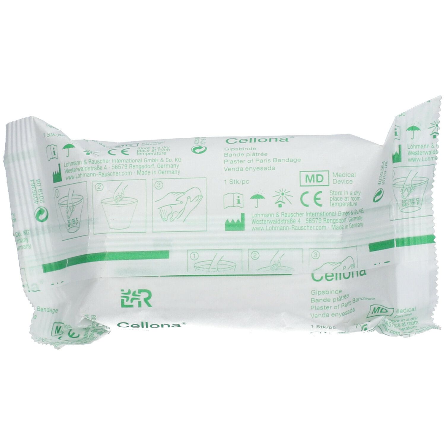 Dos de l'emballage de bandage Cellona®. Emballage blanc avec bandes vertes et impressions. Nom du produit et marquage médical.