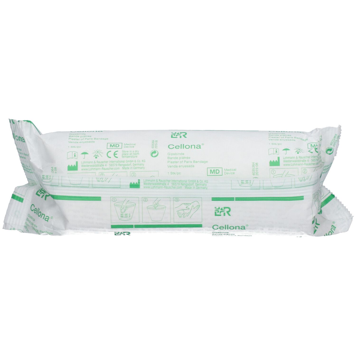 Bande plâtrée emballée. Emballage vert et blanc avec nom du produit et pictogrammes. Marquage CE.