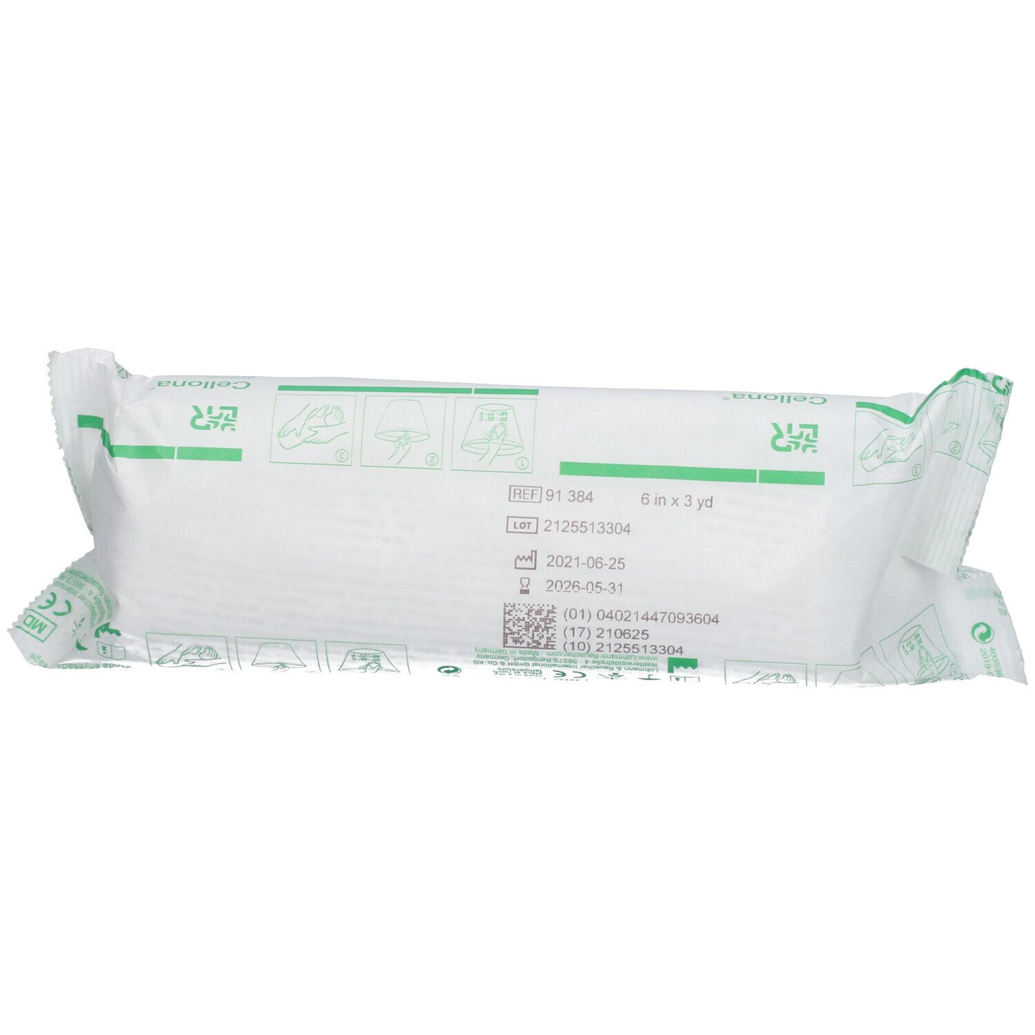 Bande plâtrée emballée. Emballage vert et blanc avec nom du produit et informations. Marquage CE.