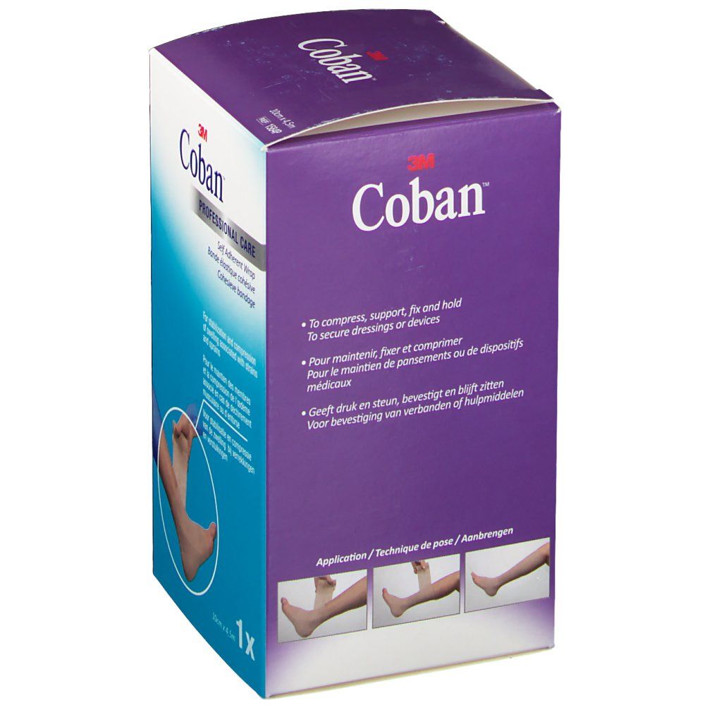 Emballage 3M Coban. Design violet et blanc avec nom et logo du produit. Montre des instructions d'application. 1x paquet.