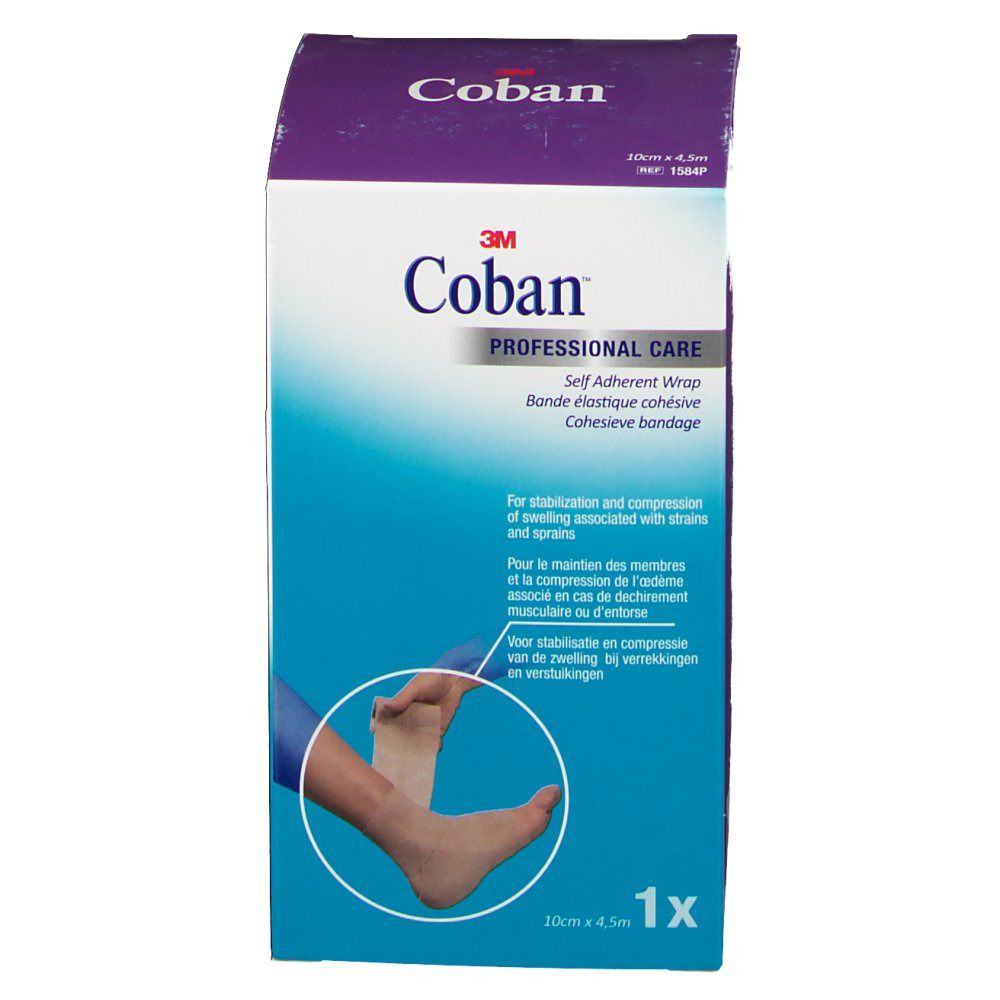 Boîte de bandage 3M Coban. Design bleu et blanc avec nom et logo du produit. Montre un bandage de pied. 10cm x 4,5m.