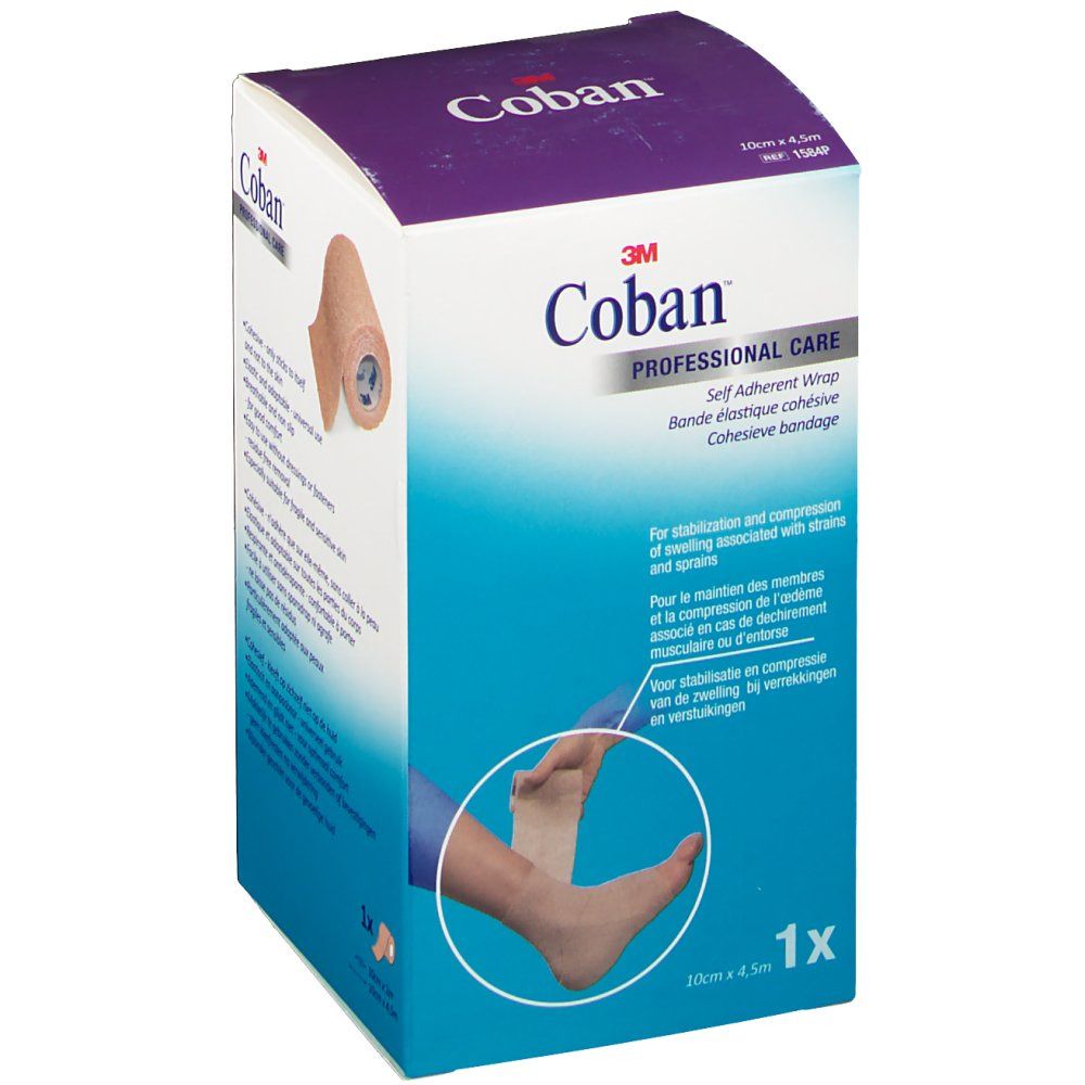 Emballage de bandage 3M Coban. Bandage beige sur rouleau visible. Nom et logo du produit. 10cm x 6,5m.