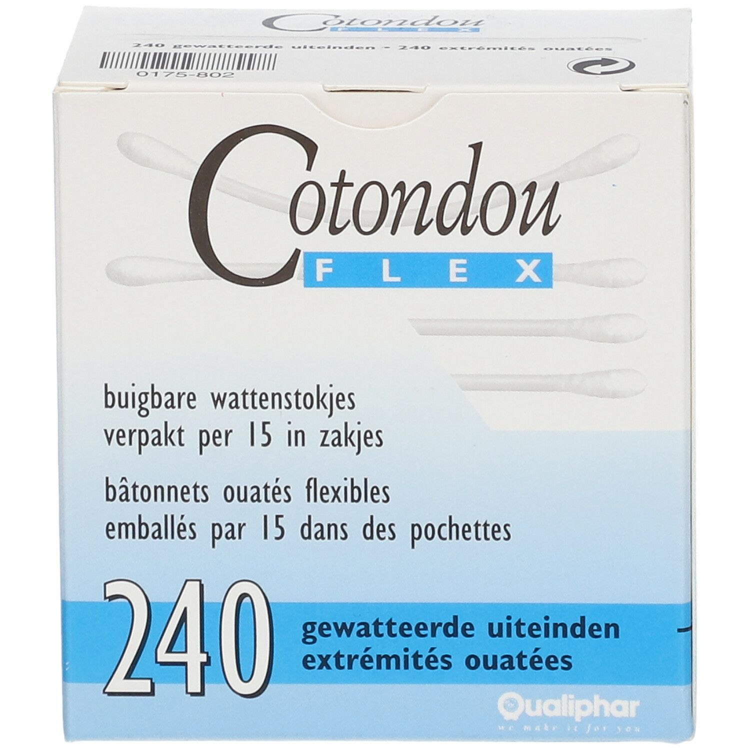 Boîte de coton-tiges Cotondou Flex, 240 unités. Texte multilingue. Logo Qualiphar.