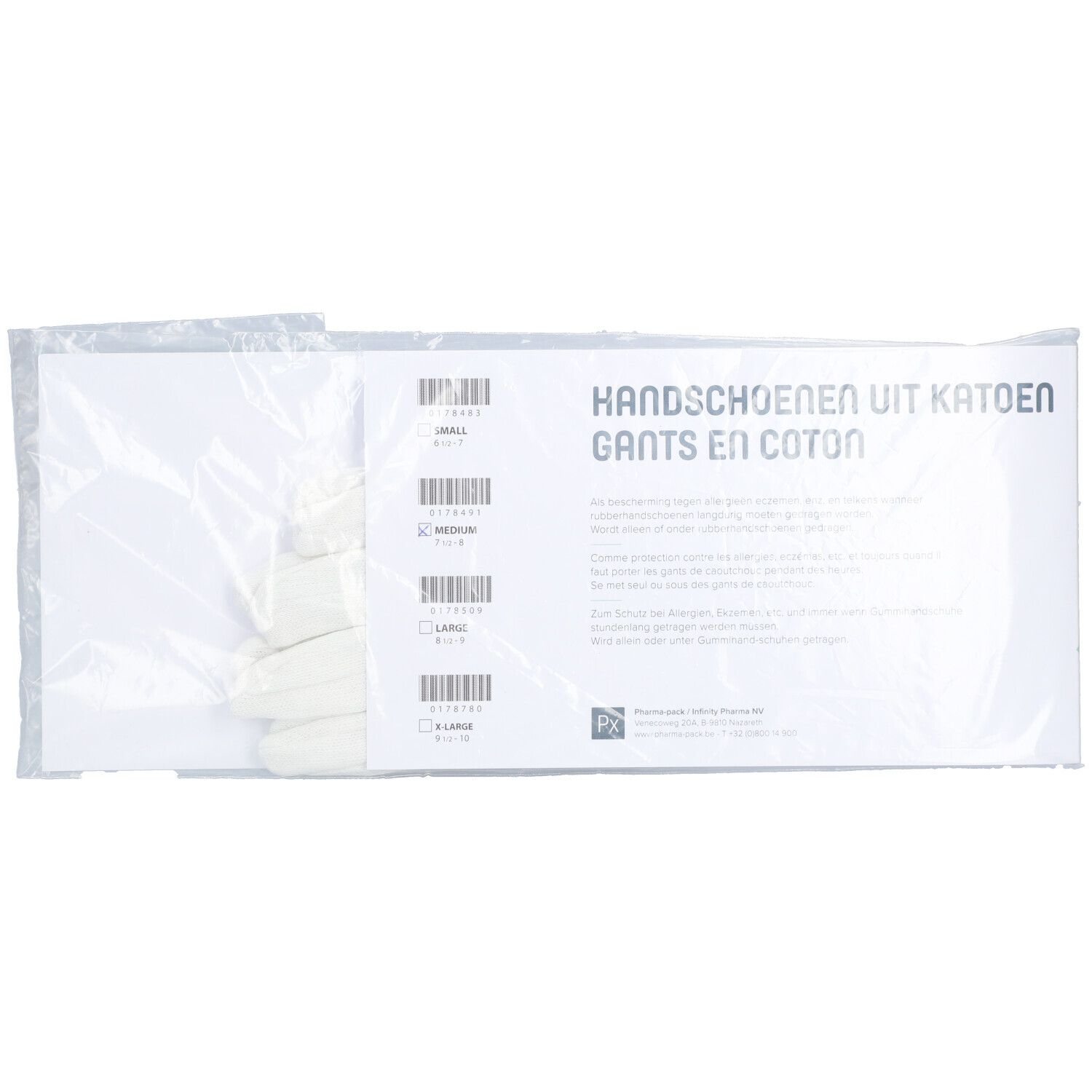 Emballage de gants en coton blancs. Texte: Handschoenen uit katoen, marque Pharmex. Codes-barres et tailles.