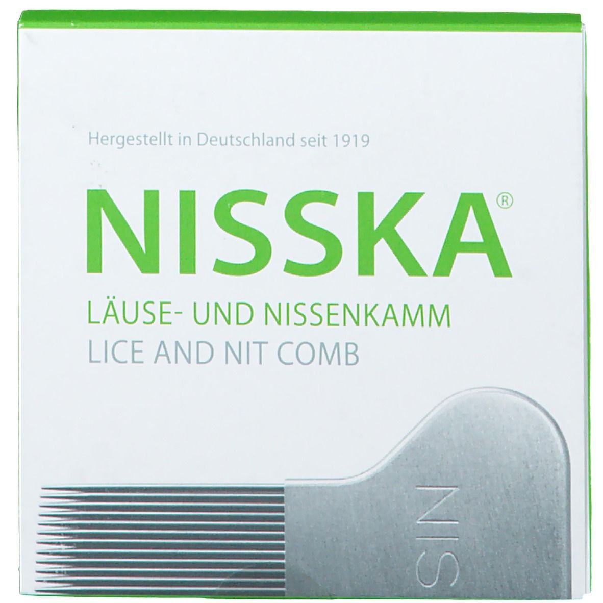 Boîte avec le mot "NISSKA" en vert et l'image d'un peigne à poux. Texte : "Läuse- und Nissenkamm".