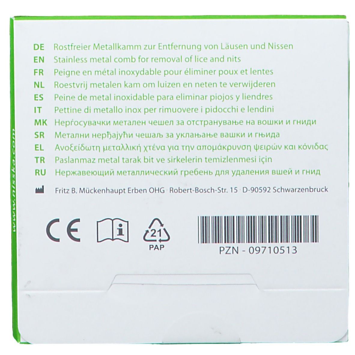 Dos de l'emballage avec texte multilingue. Contient des informations sur le produit et le fabricant.