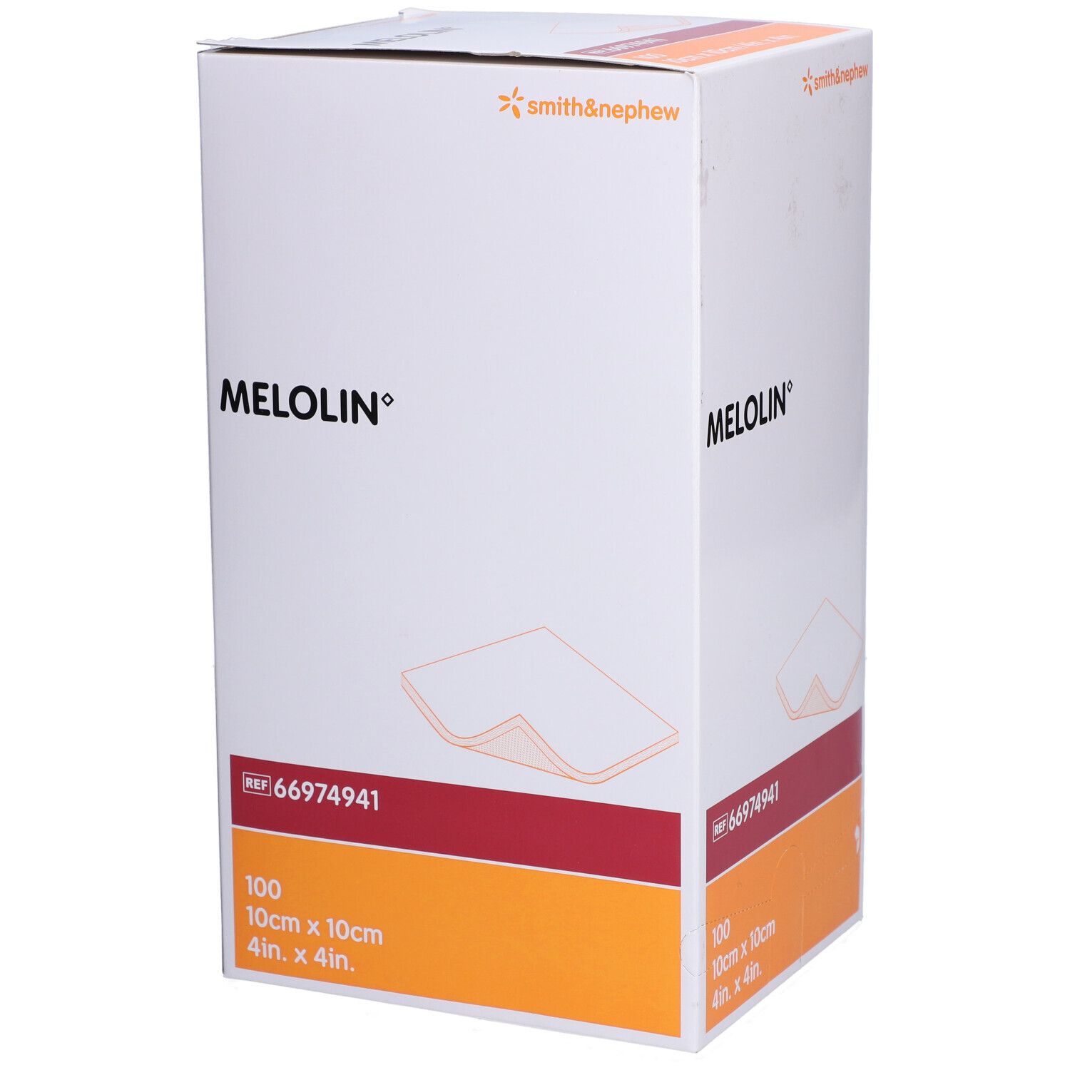 Boîte de compresses Melolin. Inscription : MELOLIN, 100 pièces, 10cm x 10cm, REF 66974941. Logo Smith & Nephew.