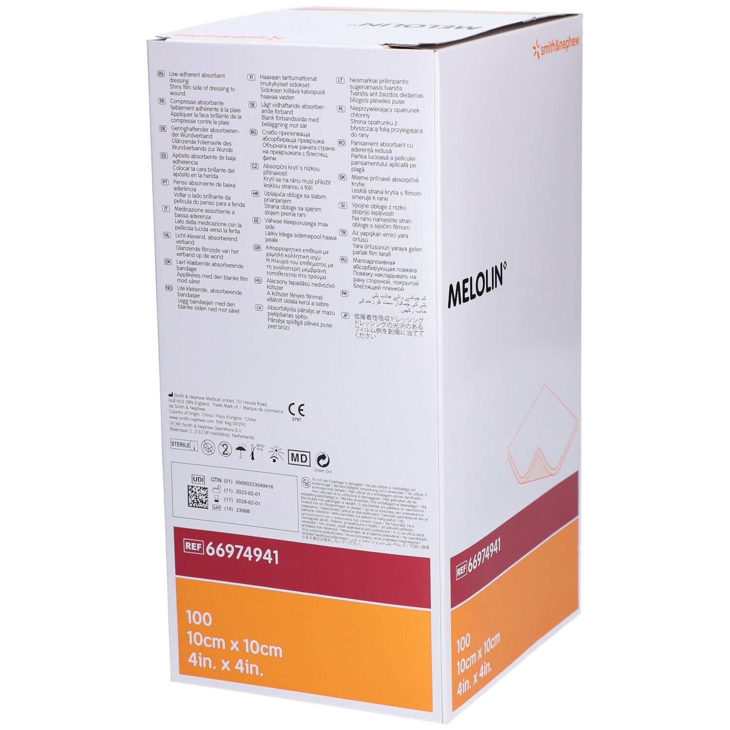 Boîte de compresses Melolin. Inscription : MELOLIN, 100 pièces, 10cm x 10cm, REF 66974941. Logo Smith & Nephew. Texte multilingue.