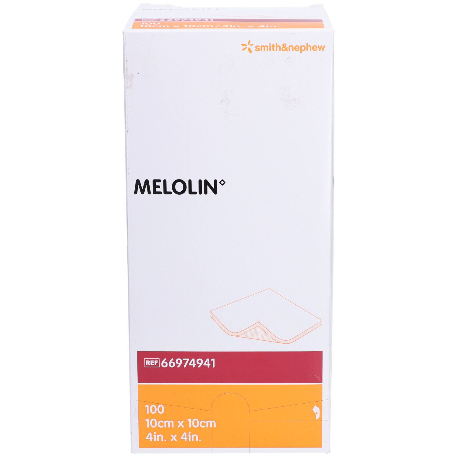 Boîte de compresses Melolin. Inscription : MELOLIN, 100 pièces, 10cm x 10cm, REF 66974941. Logo Smith & Nephew.