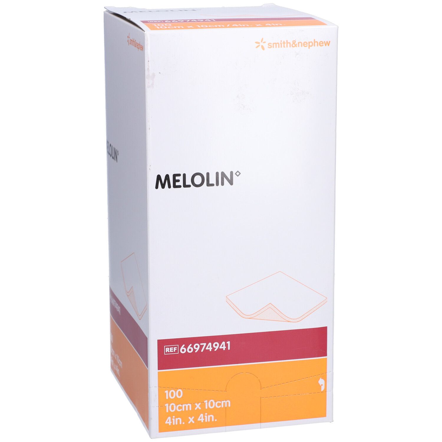 Boîte de compresses Melolin. Inscription : MELOLIN, 100 pièces, 10cm x 10cm, REF 66974941. Logo Smith & Nephew.
