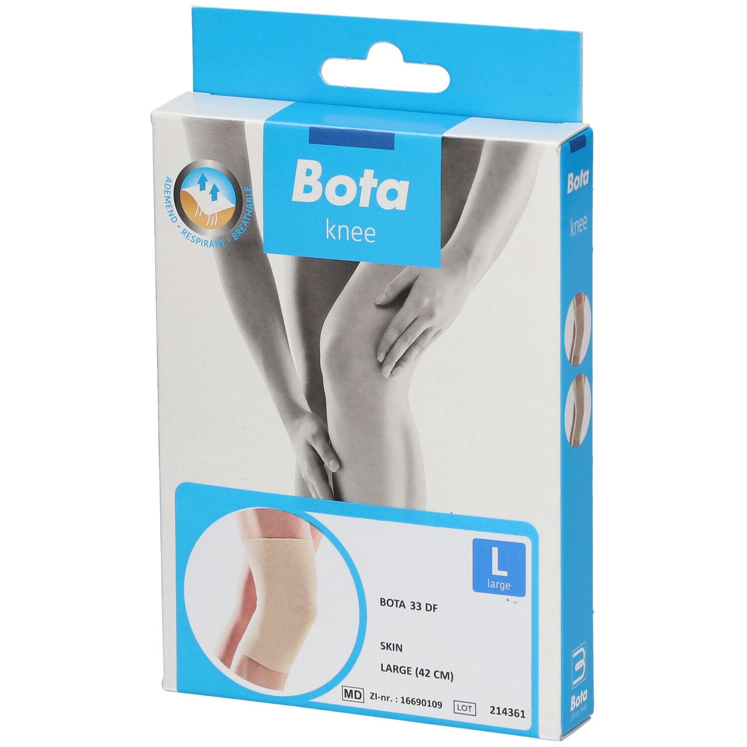 Genouillère Bota en boîte. Taille L. Beige. Inscriptions : Bota, knee, 33 DF, Skin, Large (42 cm).
