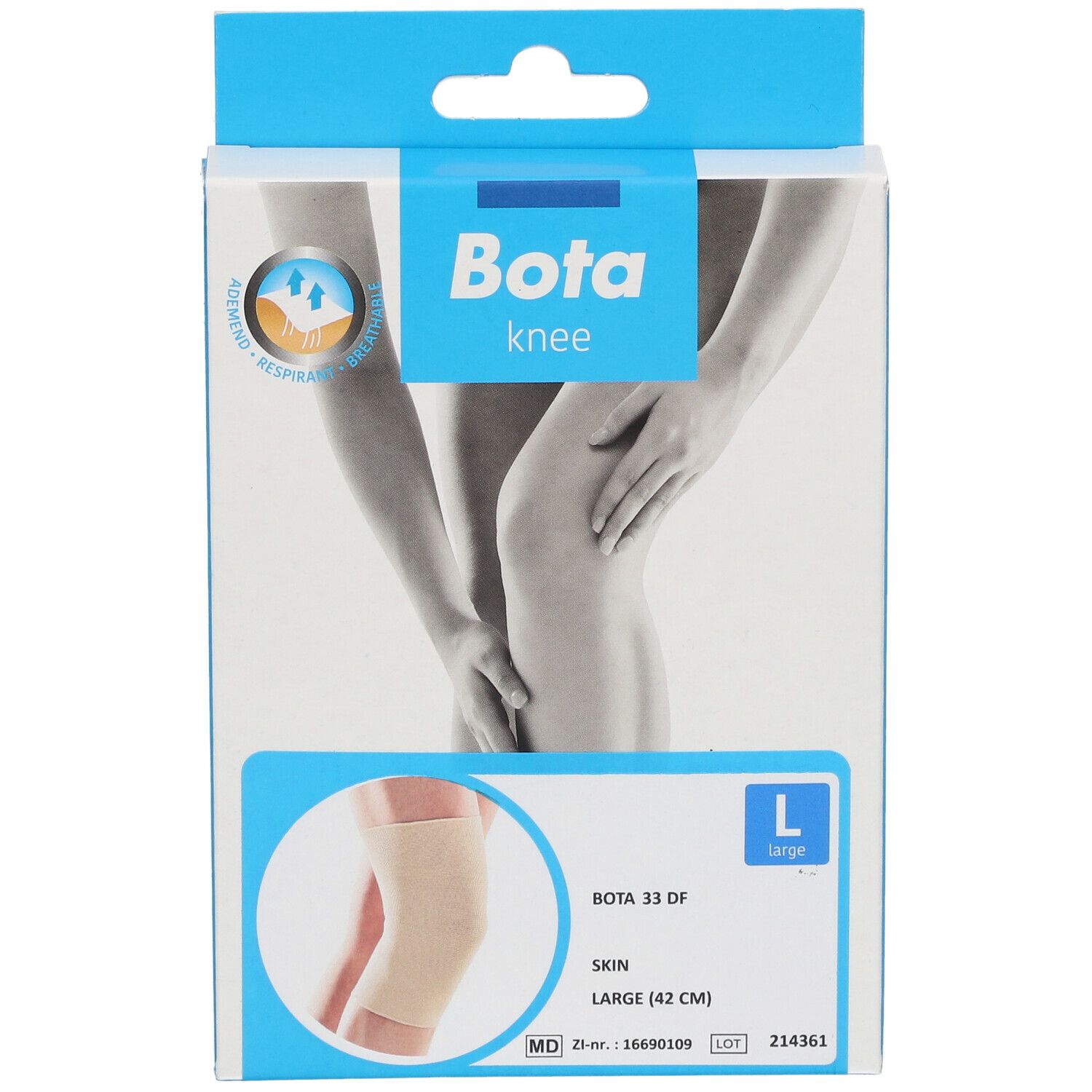 Genouillère Bota en boîte. Taille L. Beige. Inscriptions : Bota, knee, 33 DF, Skin, Large (42 cm).