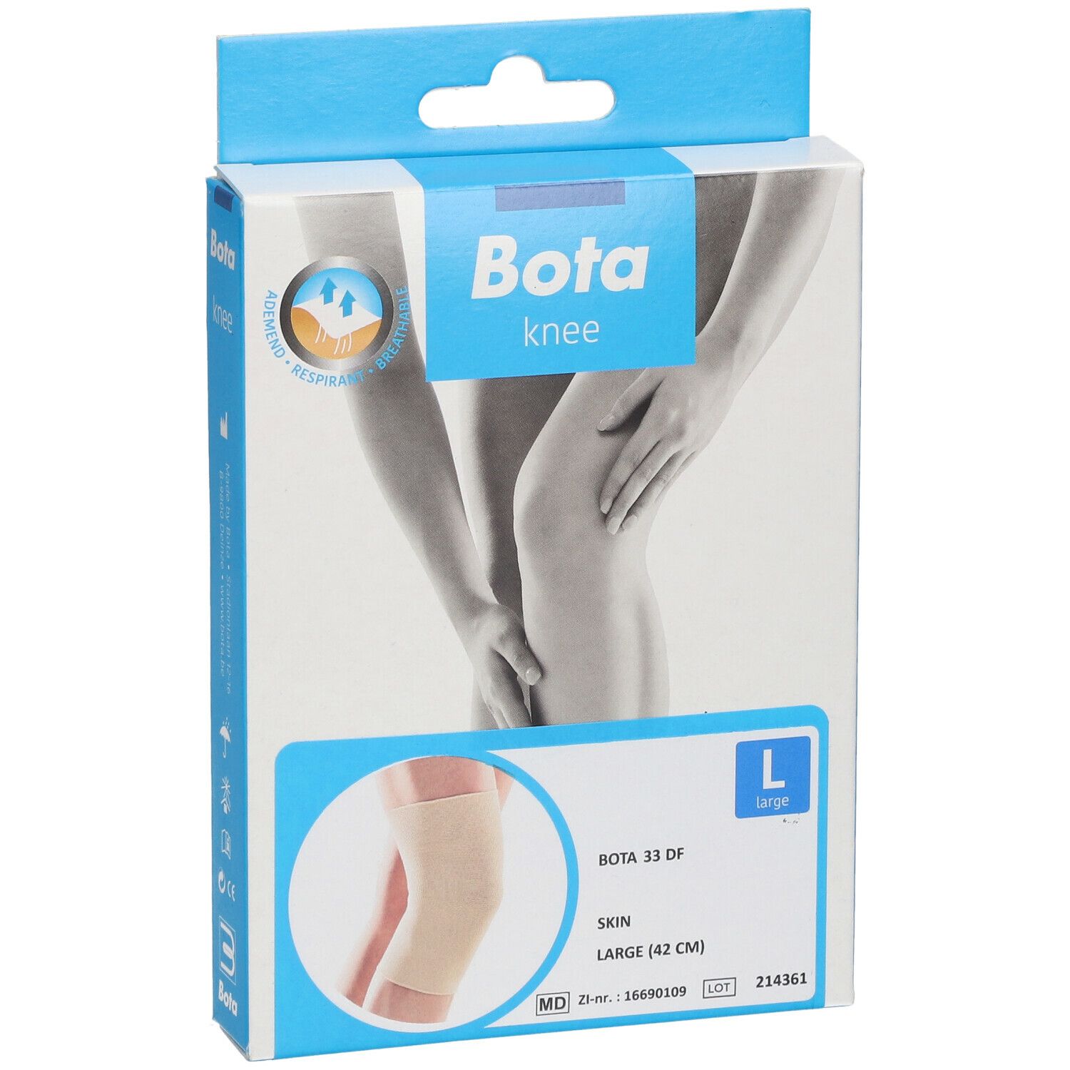 Genouillère Bota en boîte. Taille L. Beige. Inscriptions : Bota, knee, 33 DF, Skin, Large (42 cm).