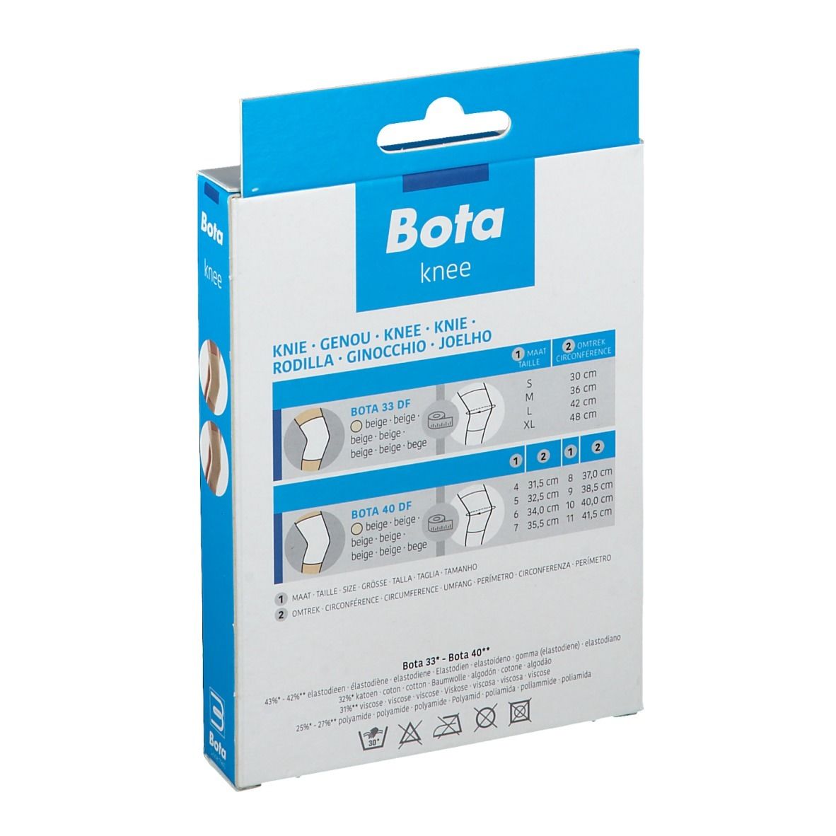 Achterkant verpakking Bota knee. Maatinformatie voor kniebandages. Illustraties van bandages.