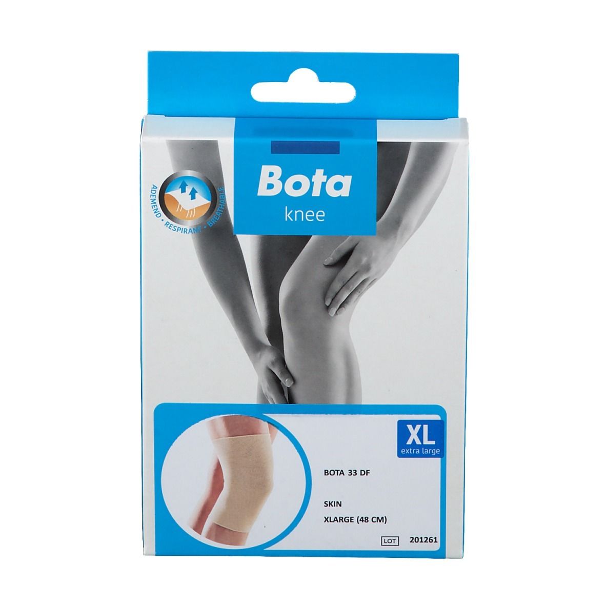 Verpakking Bota knee, XL 48 cm. Opschrift: Bota 33 DF, Skin. Illustratie van kniebandage.