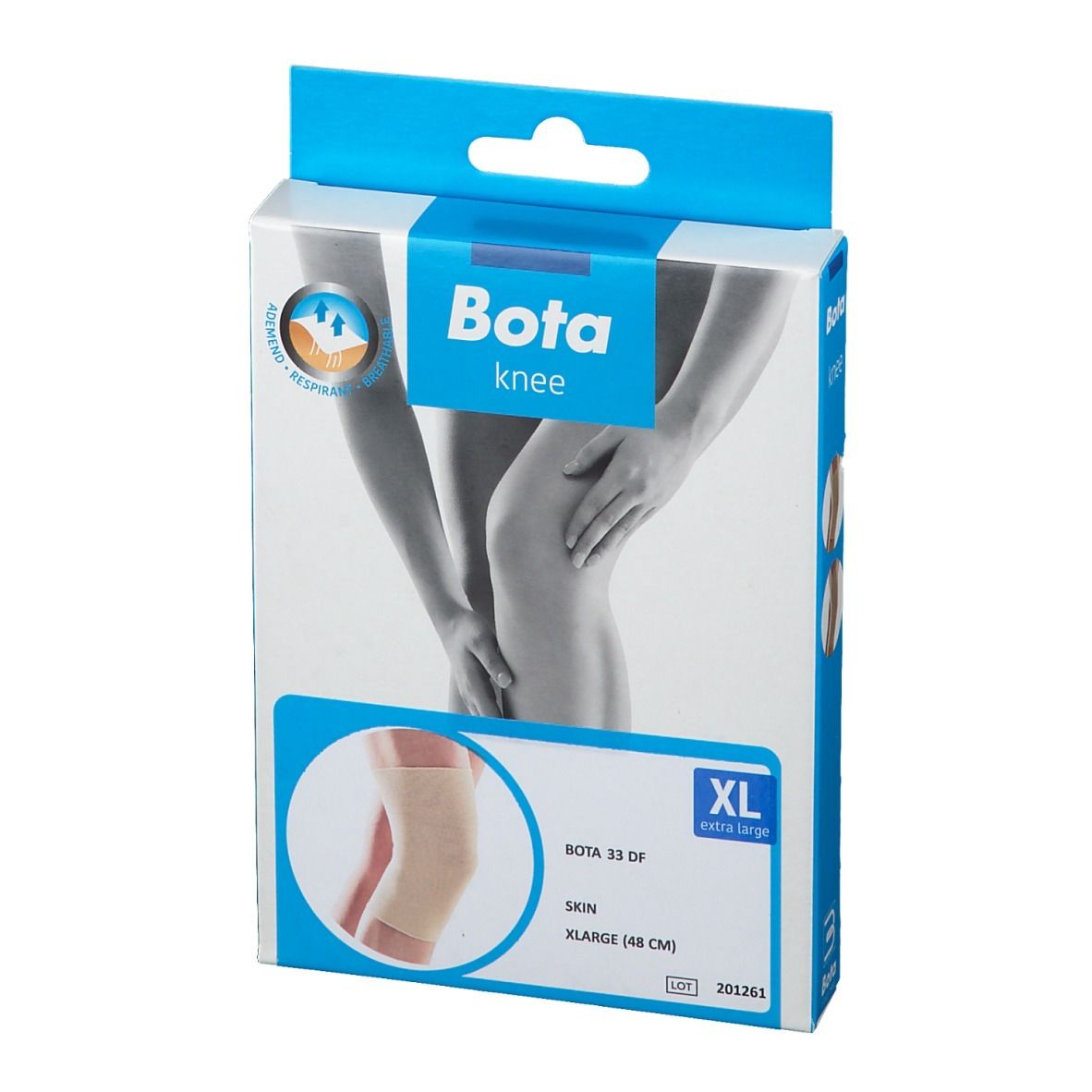 Verpakking Bota knee, XL 48 cm. Opschrift: Bota 33 DF, Skin. Illustratie van kniebandage.